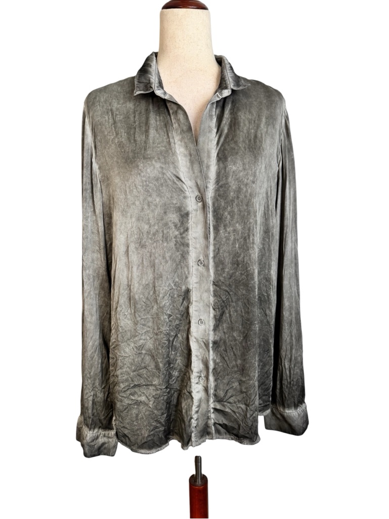Rta Metallic Gray 100% Silk Button Down Shirt